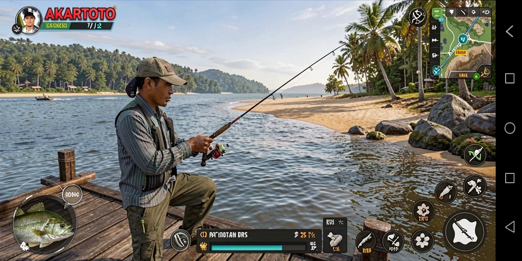 Screenshot gameplay AKARTOTO yang menunjukkan aksi menangkap ikan.