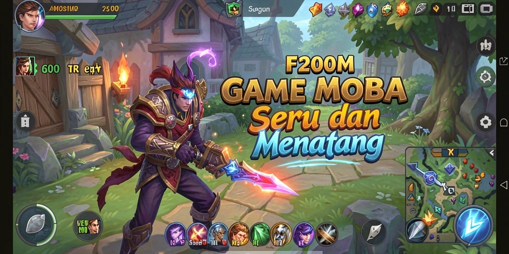 Screenshot F200M menampilkan karakter yang bertarung di arena MOBA.