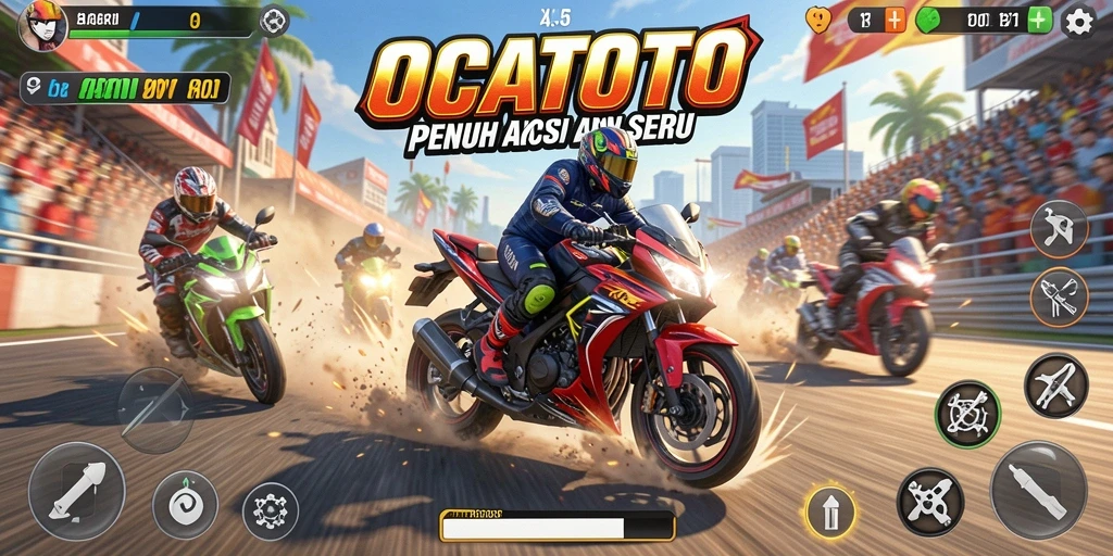 Screenshot gameplay OCATOTO yang menunjukkan aksi balapan motor yang mendebarkan.